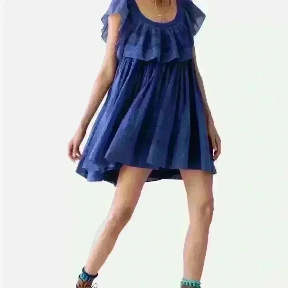 Free People Women's Hailey Cotton Ruffle Short Sleeve Mini Dress Navy M $148 NWT - Picture 11 of 12